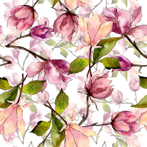 Pembe manolya çiçek botanik çiçekler. Suluboya arka plan illüstrasyon seti. Kesintisiz arka plan deseni.