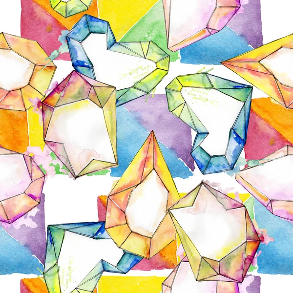 Colorful diamond rock jewelry mineral. Watercolor background illustration set. Seamless background pattern.