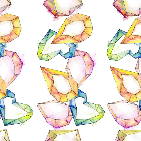 Colorful diamond rock jewelry mineral. Watercolor background illustration set. Seamless background pattern.