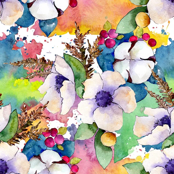 Buquê flores botânicas florais. Conjunto de ilustração de fundo aquarela. Padrão de fundo sem costura . Imagens Royalty-Free