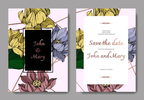 Vector Lotus flores botánicas florales. Tinta grabada en blanco y negro. Boda tarjeta de fondo borde decorativo . — Vector de stock