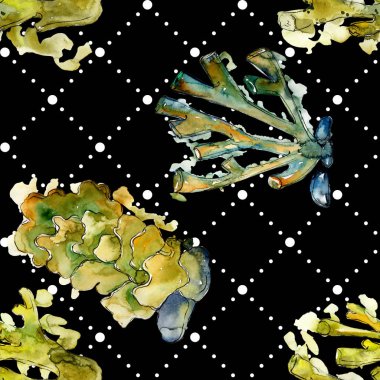Renkli su sualtı doğa mercan kayalığı. Suluboya arka plan illüstrasyon küme. Sorunsuz arka plan deseni.