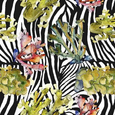 Renkli su sualtı doğa mercan kayalığı. Suluboya arka plan illüstrasyon küme. Sorunsuz arka plan deseni.