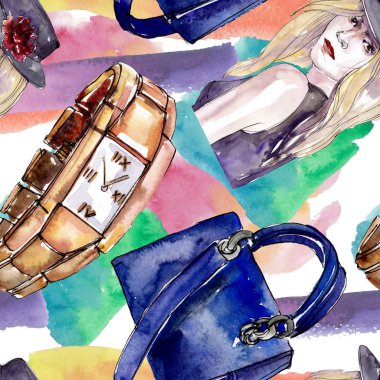 Bir suluboya stil izole öğesi moda kroki. Suluboya resim ayarlayın. Sorunsuz arka plan deseni.