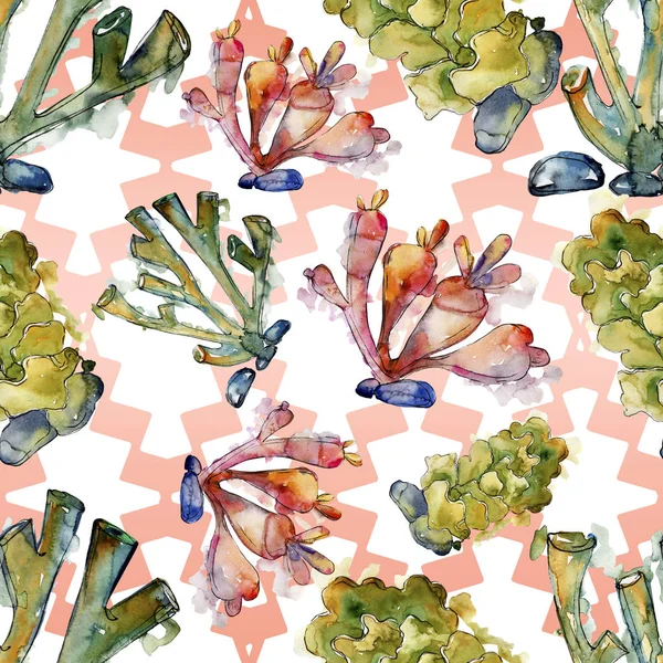 Colorful aquatic underwater nature coral reef. Watercolor background illustration set. Seamless background pattern.