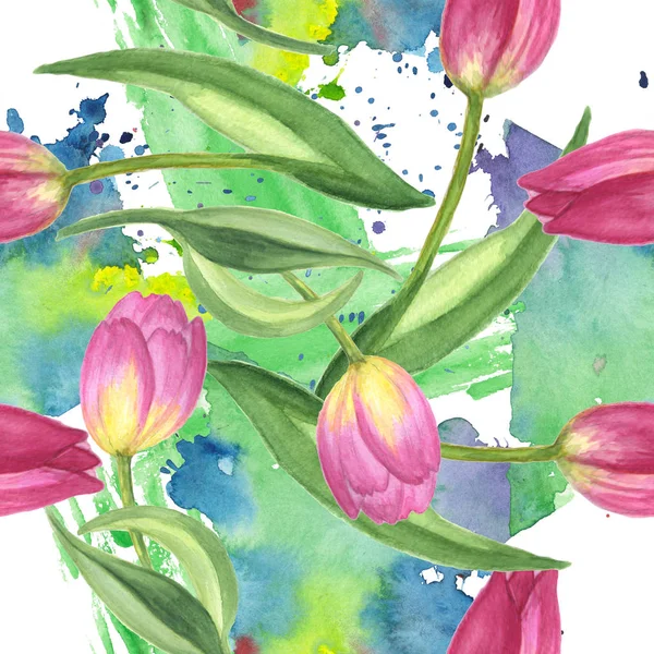 Purple tulip floral botanical flower. Watercolor background illustration set. Seamless background pattern. — Stock Photo, Image