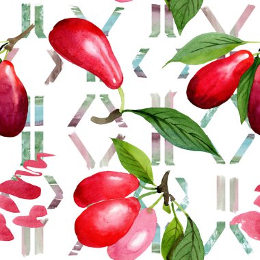 Kızılcık kırmızı meyve ve yeşil yaprakları. Suluboya arka plan illüstrasyon seti. Kesintisiz arka plan deseni.