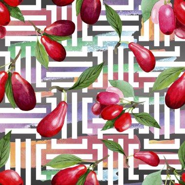 Kızılcık kırmızı meyve ve yeşil yaprakları. Suluboya arka plan illüstrasyon seti. Kesintisiz arka plan deseni.