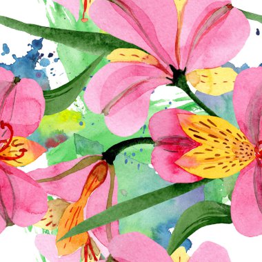 Pembe alstroemeria çiçek botanik çiçekler. Suluboya arka plan illüstrasyon seti. Kesintisiz arka plan deseni.