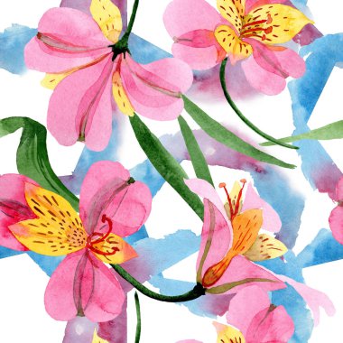 Pembe alstroemeria çiçek botanik çiçekler. Suluboya arka plan illüstrasyon seti. Kesintisiz arka plan deseni.