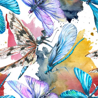 Egzotik yusufçuk vahşi böcek. Suluboya arka plan illüstrasyon seti. Kesintisiz arka plan deseni.