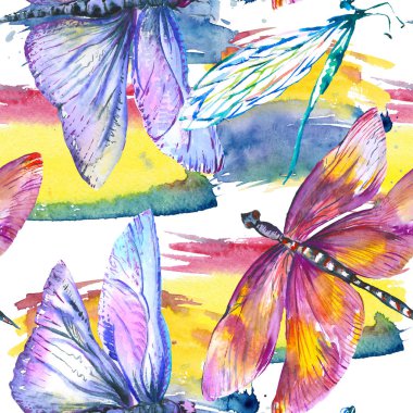 Egzotik yusufçuk vahşi böcek. Suluboya arka plan illüstrasyon seti. Kesintisiz arka plan deseni.