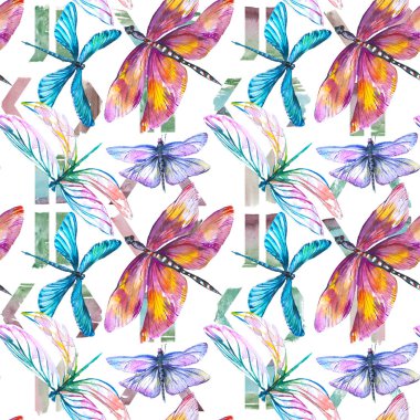 Egzotik yusufçuk vahşi böcek. Suluboya arka plan illüstrasyon seti. Kesintisiz arka plan deseni.