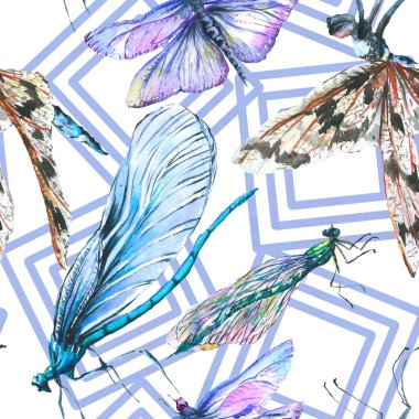 Egzotik yusufçuk vahşi böcek. Suluboya arka plan illüstrasyon seti. Kesintisiz arka plan deseni.