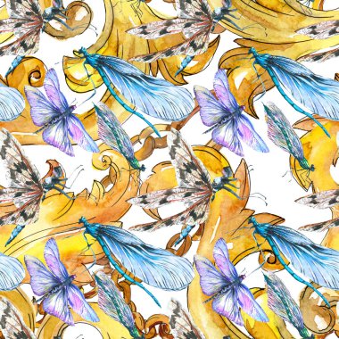 Egzotik yusufçuk vahşi böcek. Suluboya arka plan illüstrasyon seti. Kesintisiz arka plan deseni.