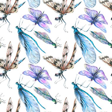 Egzotik yusufçuk vahşi böcek. Suluboya arka plan illüstrasyon seti. Kesintisiz arka plan deseni.