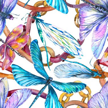 Egzotik yusufçuk vahşi böcek. Suluboya arka plan illüstrasyon seti. Kesintisiz arka plan deseni.