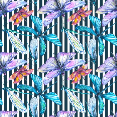 Egzotik yusufçuk vahşi böcek. Suluboya arka plan illüstrasyon seti. Kesintisiz arka plan deseni.