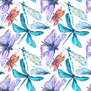 Egzotik yusufçuk vahşi böcek. Suluboya arka plan illüstrasyon seti. Kesintisiz arka plan deseni.