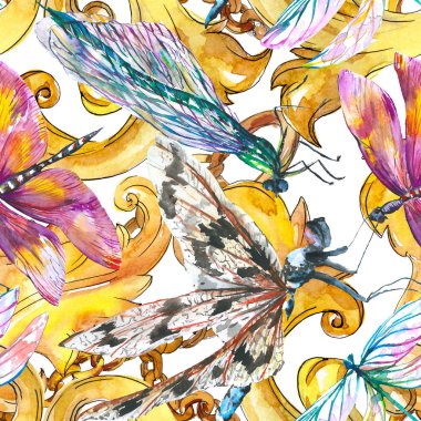 Egzotik yusufçuk vahşi böcek. Suluboya arka plan illüstrasyon seti. Kesintisiz arka plan deseni.