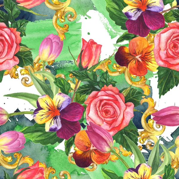 Viola, rose and tulip floral botanical flower. Watercolor background illustration set. Seamless background pattern. — Stock Photo, Image