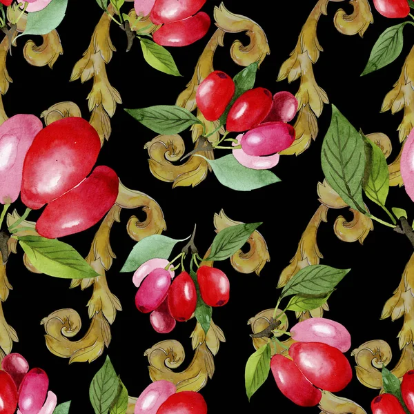 Догвудський червоний фрукт і зелене листя. Набір ілюстрацій для акварельного фону. Безшовний візерунок тла . — стокове фото