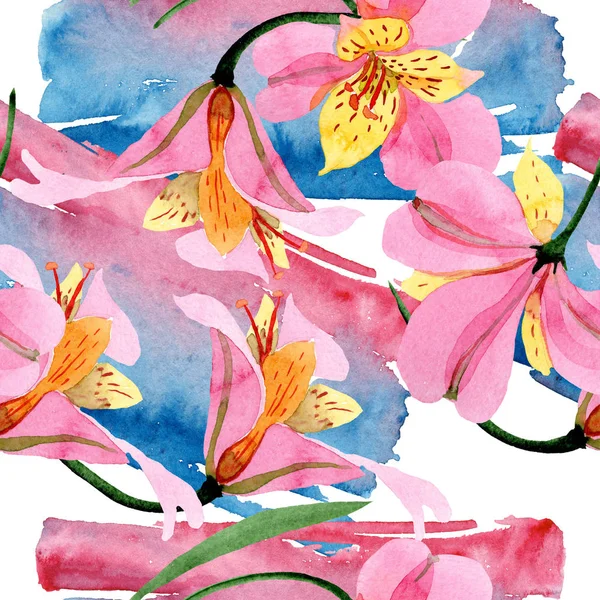 Rosa Alstroemeria florale botanische Blüten. Aquarell Hintergrundillustration Set. nahtloses Hintergrundmuster. — Stockfoto