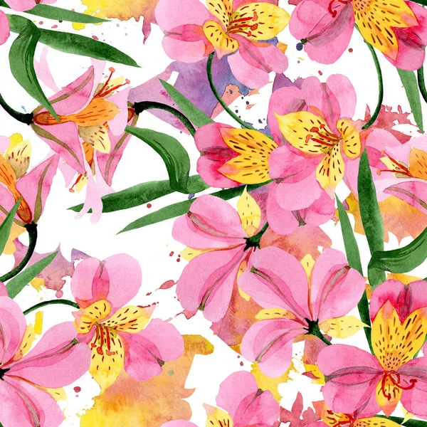 Rosa Alstroemeria florale botanische Blüten. Aquarell Hintergrundillustration Set. nahtloses Hintergrundmuster. — Stockfoto