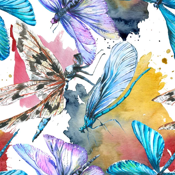 Egzotik yusufçuk vahşi böcek. Suluboya arka plan illüstrasyon seti. Kesintisiz arka plan deseni.