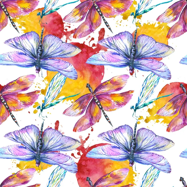 Exotiska trollslända vild insekt. Akvarell bakgrund illustration uppsättning. Sömlöst bakgrundsmönster. — Stockfoto