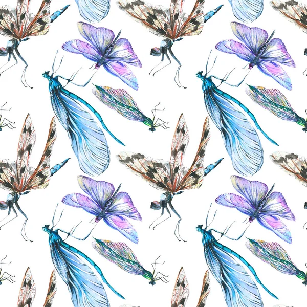 Egzotik yusufçuk vahşi böcek. Suluboya arka plan illüstrasyon seti. Kesintisiz arka plan deseni.