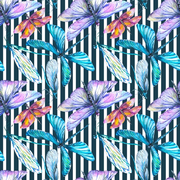 Egzotik yusufçuk vahşi böcek. Suluboya arka plan illüstrasyon seti. Kesintisiz arka plan deseni.