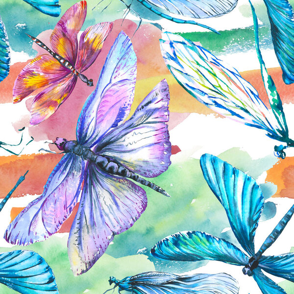 Exotic dragonfly wild insect. Watercolor background illustration set. Seamless background pattern.