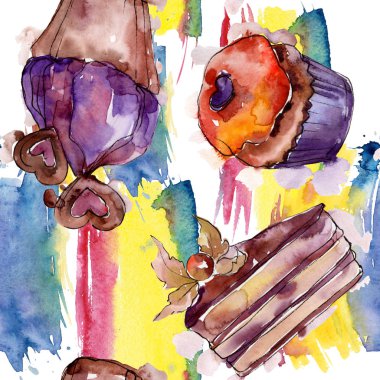 Suluboya tarzında lezzetli cupcake ve tatlı. Suluboya illüstrasyon seti. Kesintisiz arka plan deseni.