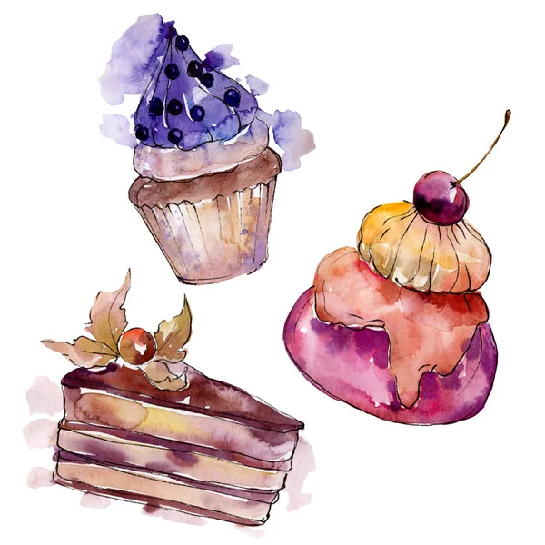 Смачний кекс і десерт. Набір ілюстрацій для тла. Акварельний малюнок моди акварель ізольовано . — стокове фото