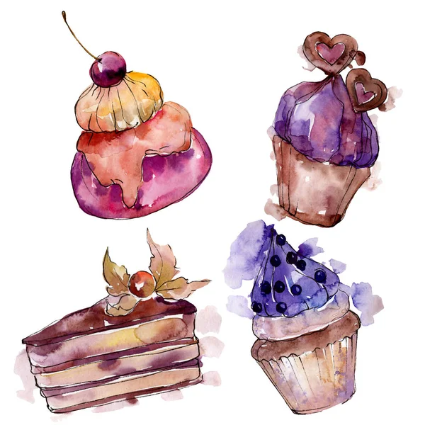 Gâteau et dessert savoureux. Jeu d'illustration de fond. Aquarelle dessin mode aquarelle isolé . — Photo