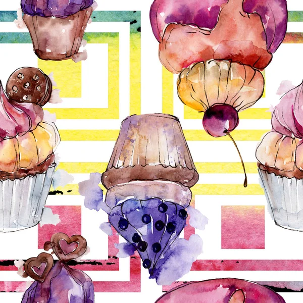 Gustosi cupcake e dessert in stile acquerello. Set illustrazione acquerello. Modello di sfondo senza soluzione di continuità . — Foto Stock