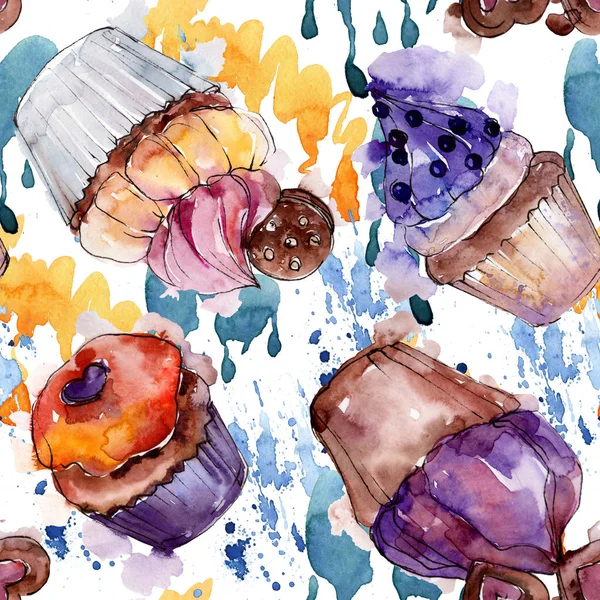 Tasty cupcake and dessert in a watercolor style. Watercolour illustration set. Seamless background pattern. — Stock Photo, Image