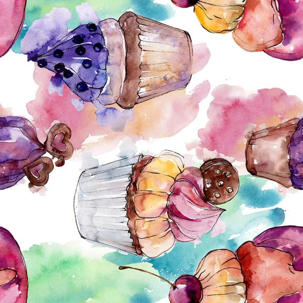 Smakelijke cupcake en dessert in een aquarel stijl. Aquarel illustratie instellen. Naadloos achtergrond patroon. — Stockfoto