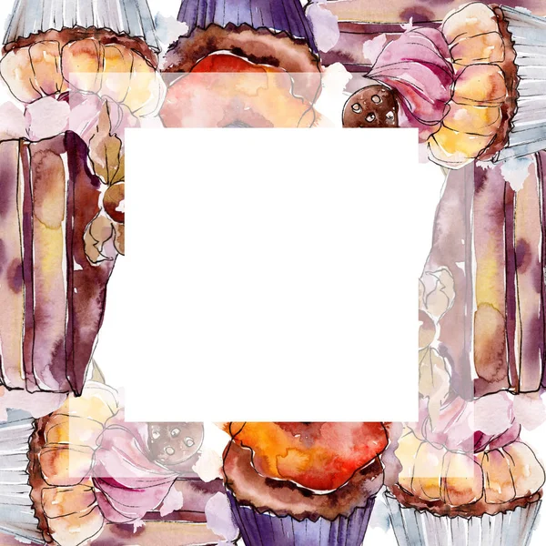 Smakelijke cake en dessert zoete gerechten. Aquarel backgriund illustratie instellen. Frame rand ornament vierkant. — Stockfoto