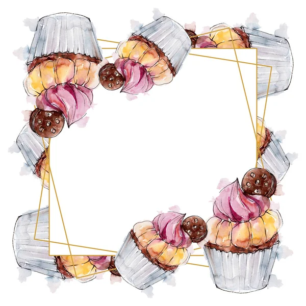 Smakelijke cake en dessert zoete gerechten. Aquarel backgriund illustratie instellen. Frame rand ornament vierkant. — Stockfoto