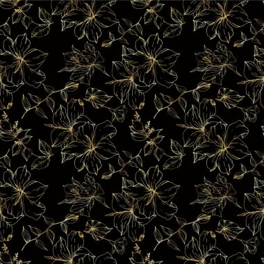 Vektör Tropikal çiçekler ve izole yaprakları. Siyah ve beyaz oyulmuş mürekkep sanatı. Kesintisiz arka plan deseni.