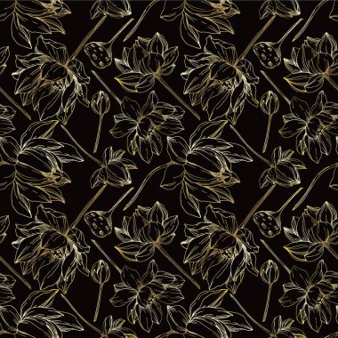 Vektör Lotus çiçek botanik çiçekler. Siyah ve beyaz oyulmuş mürekkep sanatı. Kesintisiz arka plan deseni.