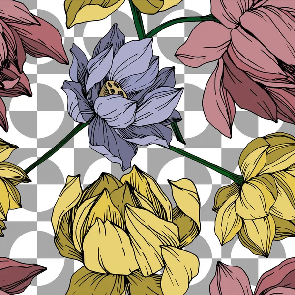 Vector Lotus kwiatowy kwiatów botanicznych. Czarno-biała grawerowana sztuka atramentu. Płynny wzór tła. — Wektor stockowy