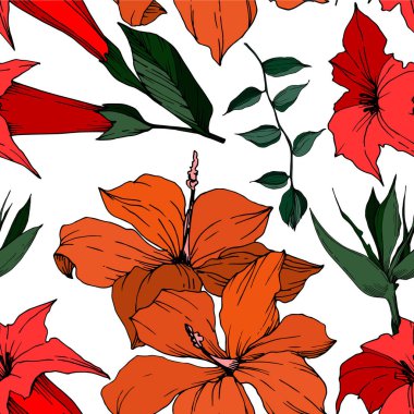 Vektör Tropikal çiçekler ve izole yaprakları. Siyah ve beyaz oyulmuş mürekkep sanatı. Kesintisiz arka plan deseni.