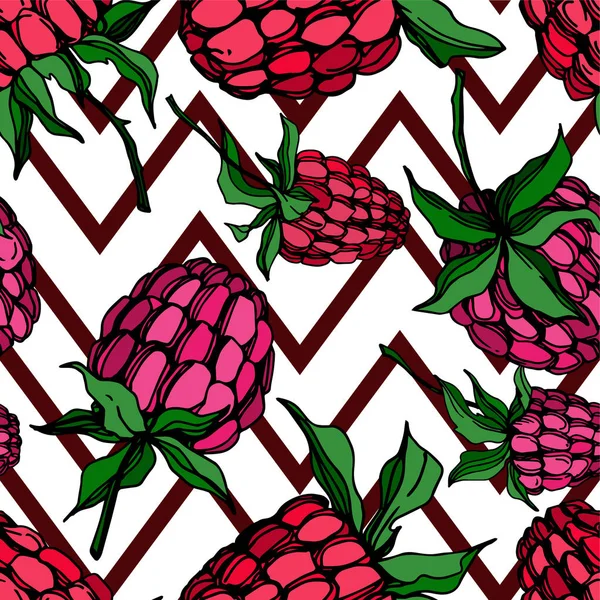 Vector Raspberry alimentos saludables aislados. Tinta grabada en blanco y negro. Patrón de fondo sin costuras . — Vector de stock
