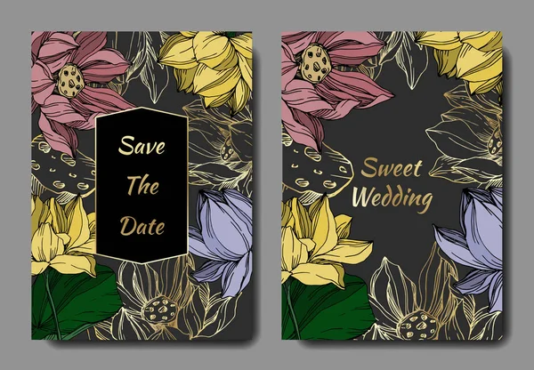 Vecteur Lotus fleurs botaniques florales. Encre gravée en noir et blanc. Carte de fond de mariage bordure décorative . — Image vectorielle
