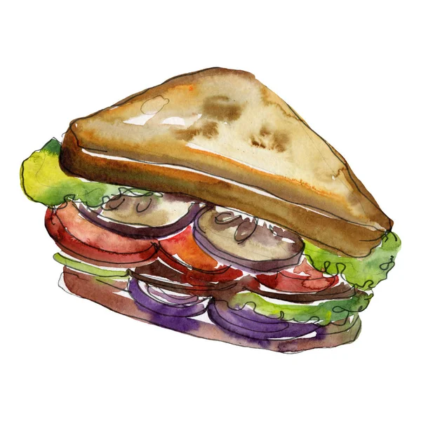 Chutné rychlé občerstvení. Vodný obrázek pozadí-barevný. Samostatný sendvičový ilustrační prvek. — Stock fotografie