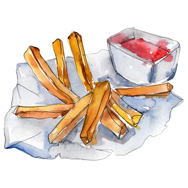 Fast food batatas fritas em um conjunto de estilo aquarela. ilustração de comida Aquarelle para fundo. Elemento isolado da batata . — Fotografia de Stock