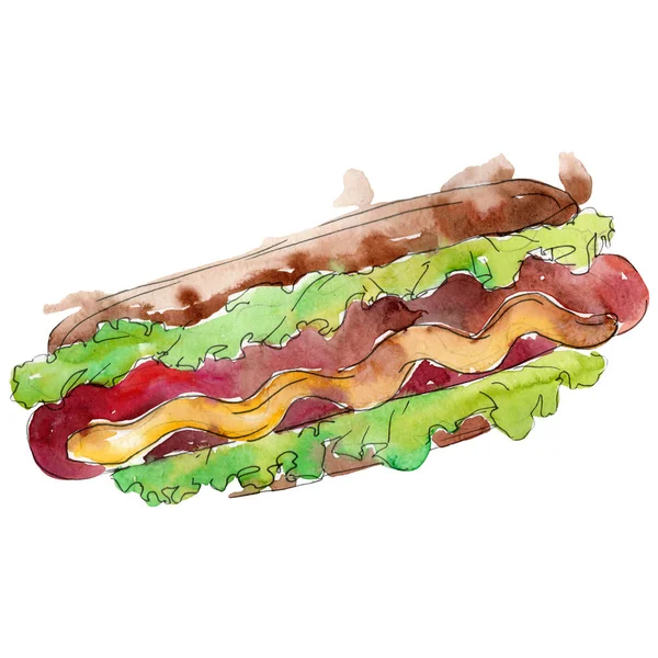 Hot dog fast food isolado. Conjunto de ilustração de fundo aquarela. Isolado lanche ilustração elemento — Fotografia de Stock